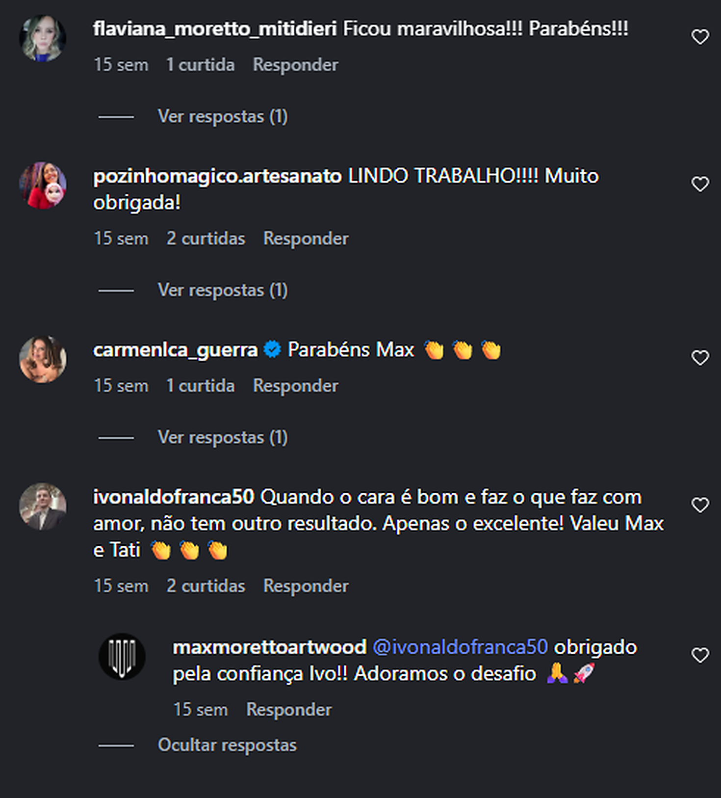 Registro real de comentários de clientes no Instagram da MAX MORETTO ARTWOOD