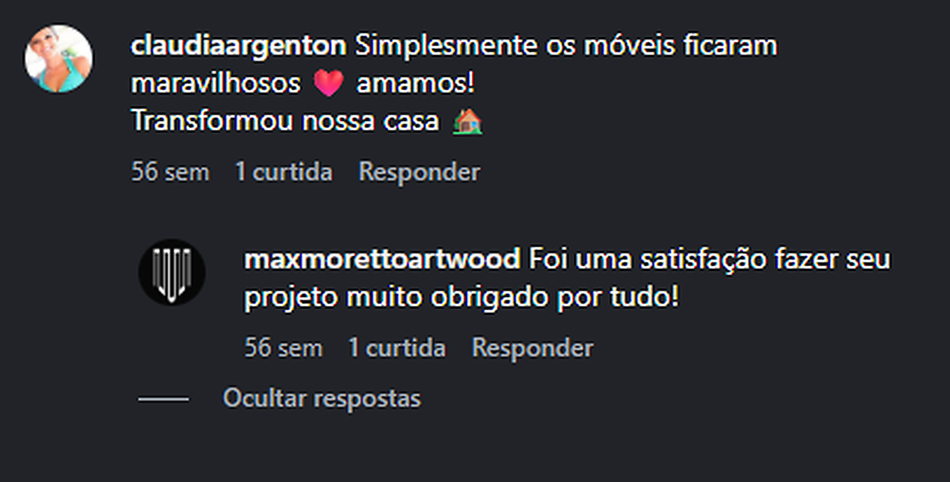 Registro real de comentário compartilhado no Instagram da MAX MORETTO ARTWOOD
