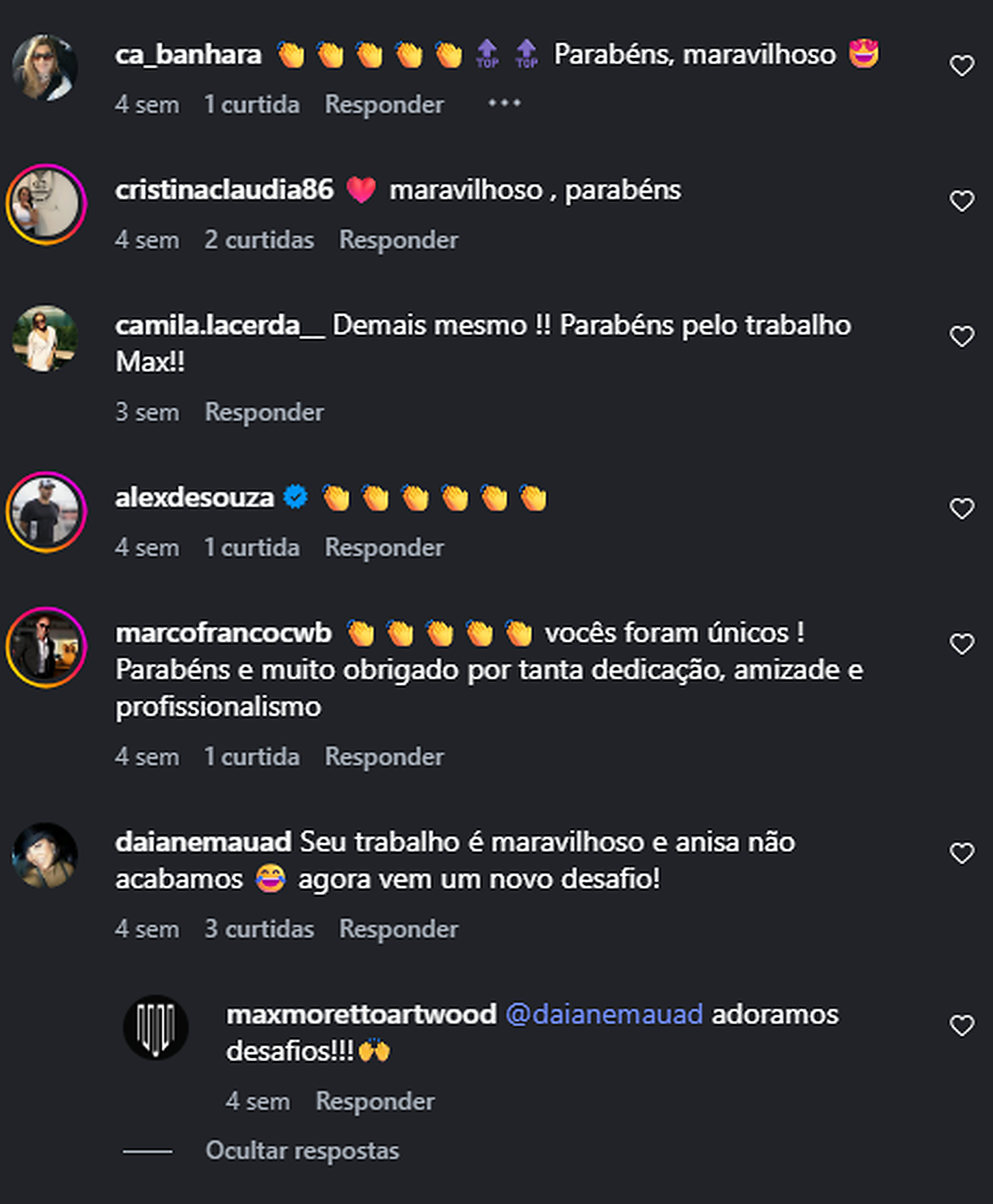 Registro real de comentários compartilhados no Instagram da MAX MORETTO ARTWOOD