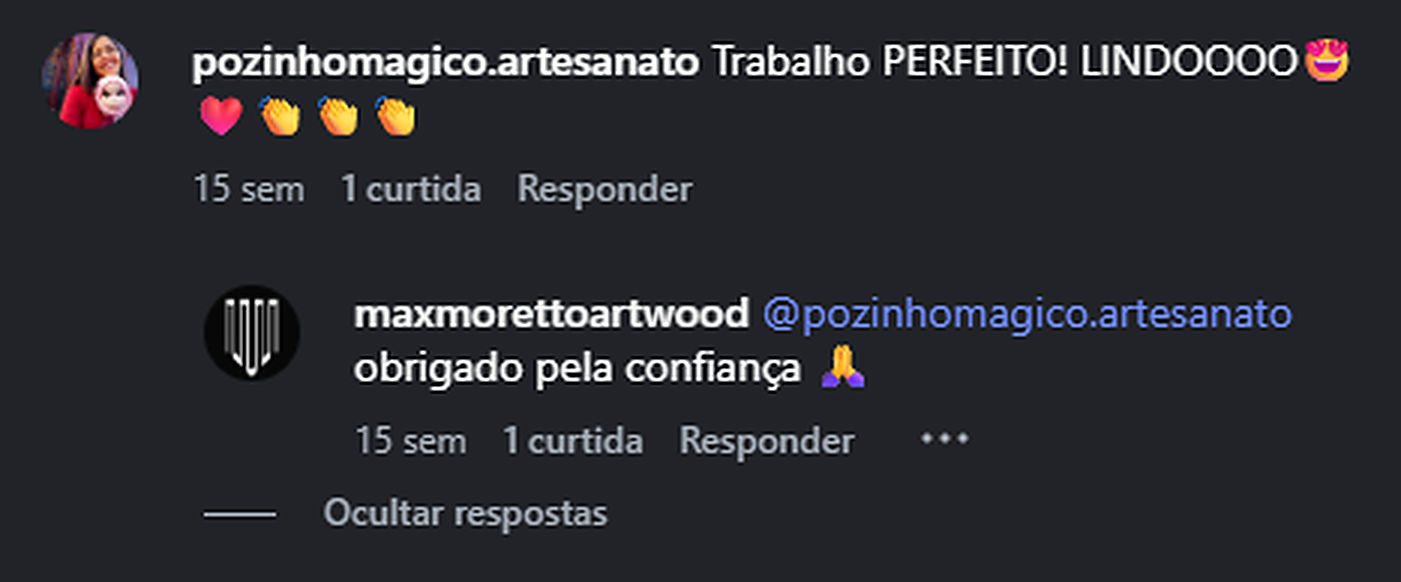 Registro real de comentário e resposta no Instagram da MAX MORETTO ARTWOOD